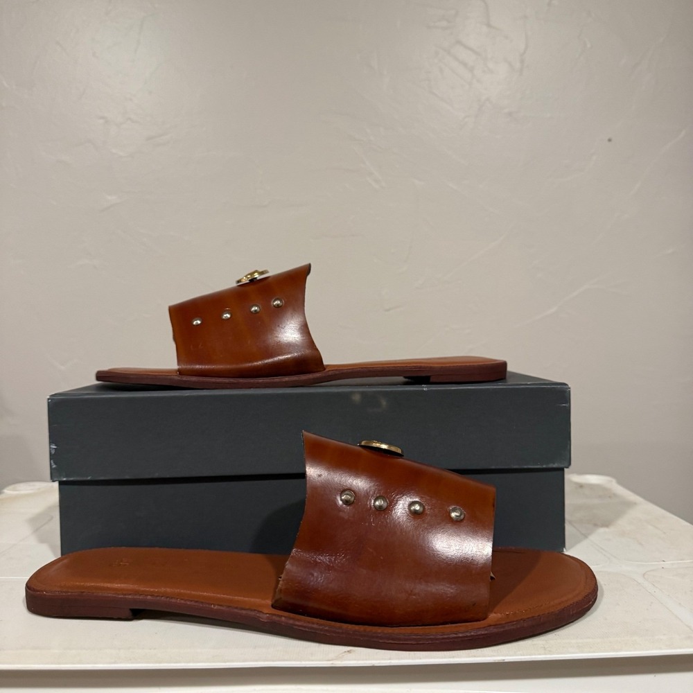 Gucci Slide Sandals Women 45 Brown‎ Excellent Studded Medusa Coin Leather Italy